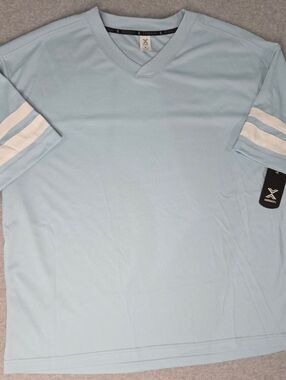 Xersion Light Blue V-Neck Athletic T-Shirt with White Sleeve Stripes
